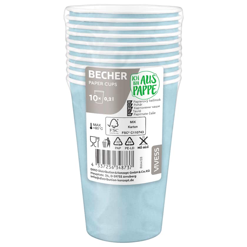 Vivess Pappbecher 10x 225ml blau