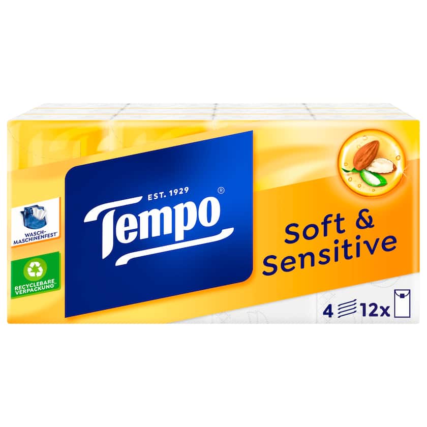 Tempo Taschentücher sanft & sensitiv Aloe Vera und Kamille 4-lagig, 12x9 Tücher