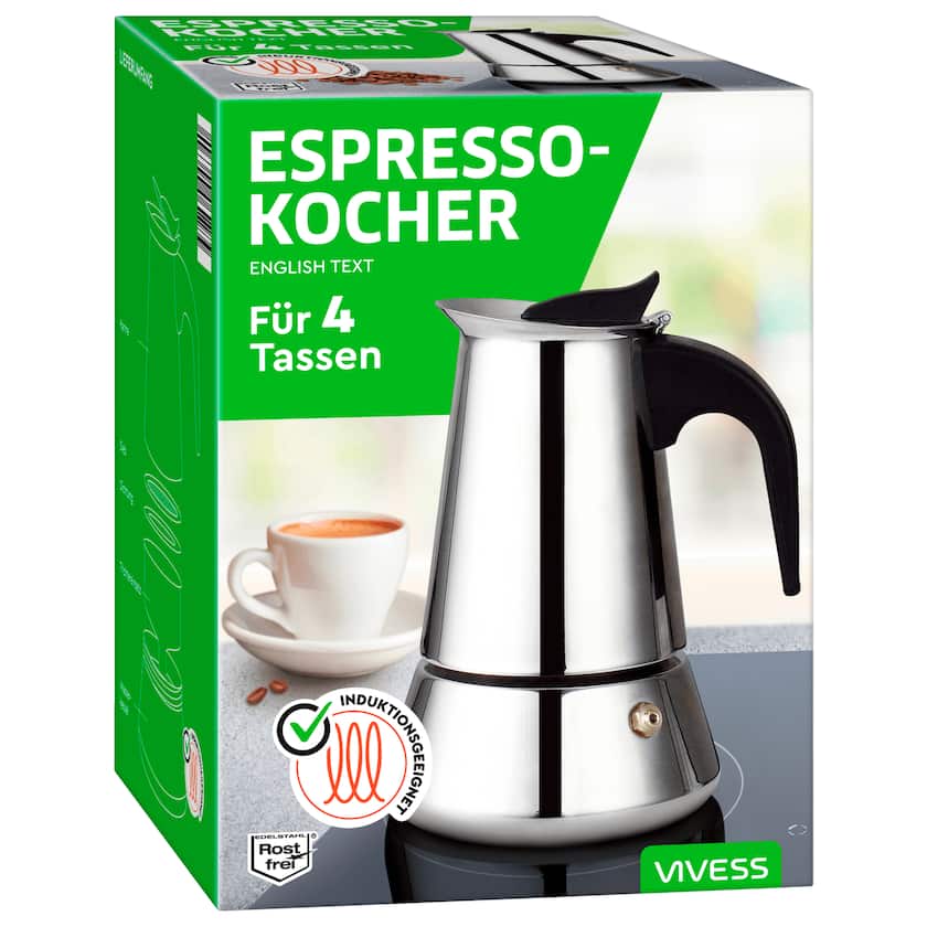 Vivess Espresso-Kocher für 4 Tassen rostfreier Edelstahl induktionsgeeignet
