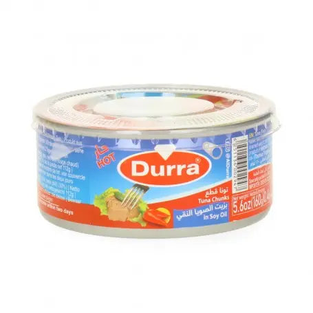تونا قطع بالزيت الصويا حار درة 160غرام - Yahalla  ياهلا  Durra Dieses Produkt kann Spuren von anderen Fischen oder Soja enthalten. Bei bestehenden Allergien vorsichtig verwenden. Kühl und trocken lagern und vor dem angegebenen Datum verbrauchen.