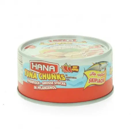 تونا قطع بالزيت النباتي حار هنا 160غرام - Yahalla  ياهلا  Hana Dieses Produkt kann Spuren von anderen Fischen oder Soja enthalten. Bei bestehenden Allergien vorsichtig verwenden. Kühl und trocken lagern und vor dem angegebenen Datum verbrauchen.