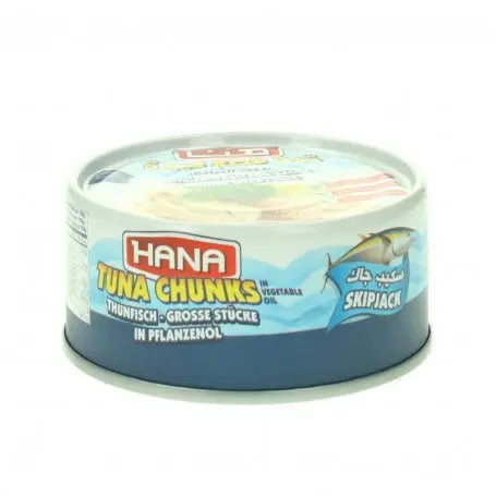 تونا قطع بالزيت النباتي هنا 160 غرام / حلو / - Yahalla  ياهلا  Hana Dieses Produkt kann Spuren von anderen Fischen oder Soja enthalten. Bei bestehenden Allergien vorsichtig verwenden. Kühl und trocken lagern und vor dem angegebenen Datum verbrauchen.