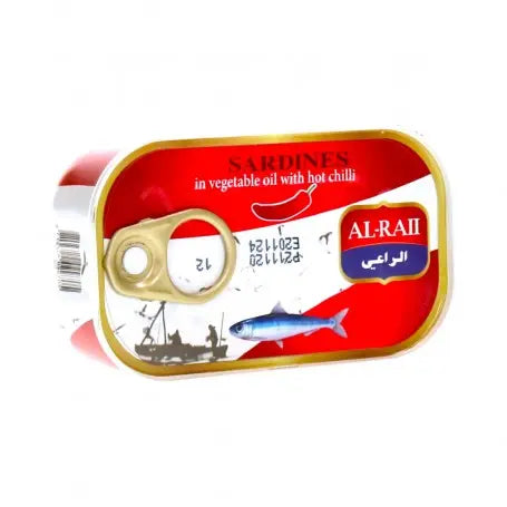 سردين بالزيت النباتي الحار الراعي  125غرام - Yahalla  ياهلا  ALRAII Dieses Produkt kann Spuren von anderen Fischen oder Soja enthalten. Bei bestehenden Allergien vorsichtig verwenden. Kühl und trocken lagern und vor dem angegebenen Datum verbrauchen.