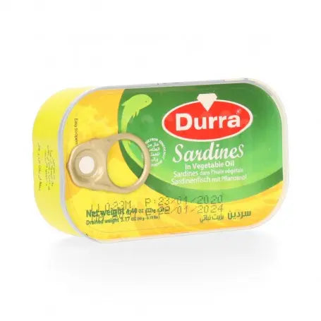سردين بالزيت النباتي درة 125غرام / حلو / - Yahalla  ياهلا  Durra Dieses Produkt kann Spuren von anderen Fischen oder Soja enthalten. Bei bestehenden Allergien vorsichtig verwenden. Kühl und trocken lagern und vor dem angegebenen Datum verbrauchen.