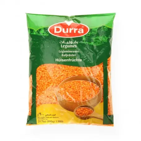عدس أحمر مجروش درة 900غرام - Yahalla  ياهلا  Durra Vor Feuchtigkeit und Sonnenlicht schützen und kühl sowie trocken lagern. Kann Spuren von Nüssen, Gluten oder Soja enthalten. Vor dem Verzehr gut prüfen.