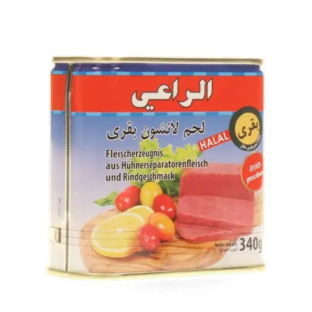 مرتديلا لحم لنشون بقري الراعي  340غرام - Yahalla  ياهلا  ALRAII Hoher Fett- und Salzgehalt, in Maßen konsumieren und nach dem Öffnen kühl lagern.